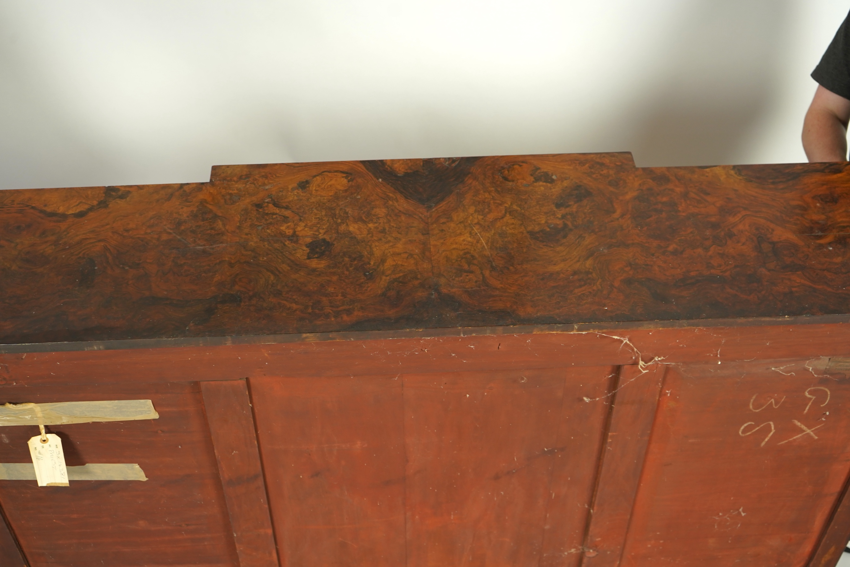 A Victorian tulip banded and gilt metal mounted walnut breakfront side cabinet